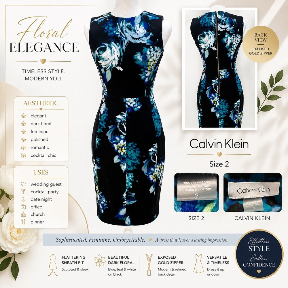 Calvin Klein Dress Black Blue Floral Women's Size 2 Sheath Cocktail Career